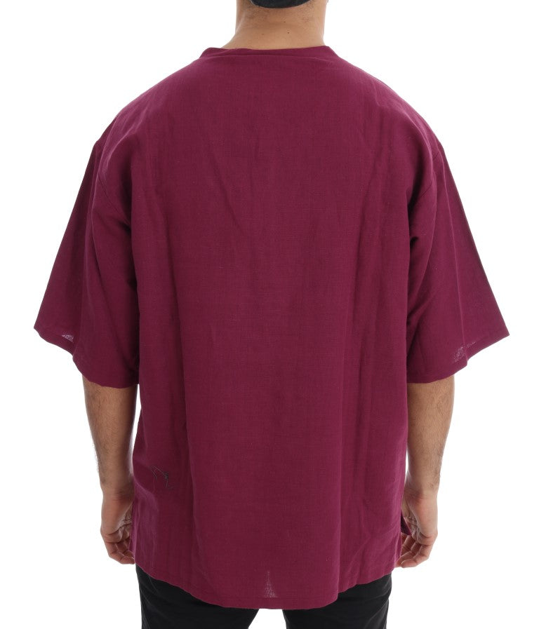 Pink Linen Cotton Oversize Crewneck T-Shirt