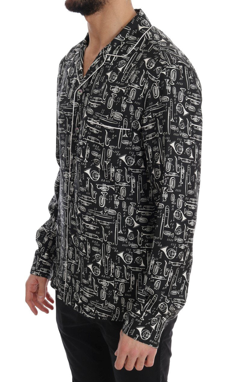 Black Silk JAZZ Motive Print Casual Shirt