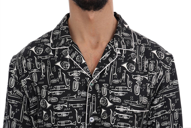 Black Silk JAZZ Motive Print Casual Shirt