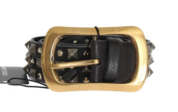 Black Leather Gold Buckle Studded Belt