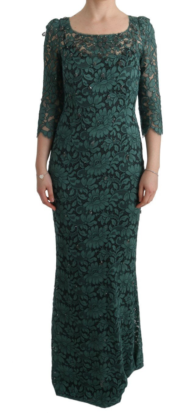 Green Floral Crystal Ricamo Sheath Dress