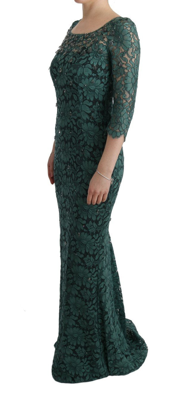 Green Floral Crystal Ricamo Sheath Dress