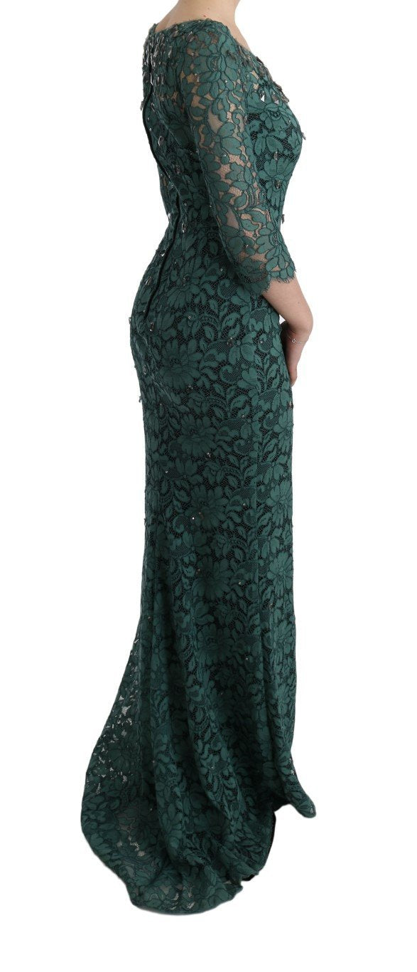 Green Floral Crystal Ricamo Sheath Dress