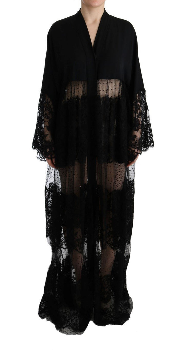 Black Silk Floral Lace Kaftan Dress