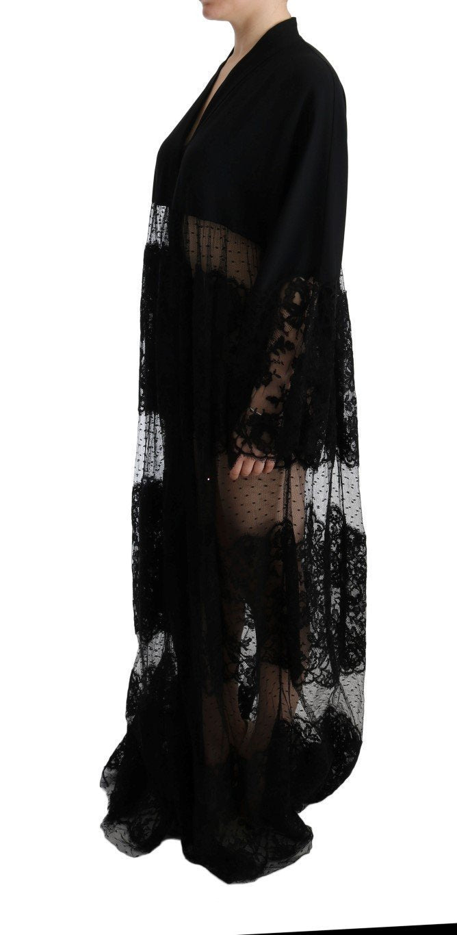 Black Silk Floral Lace Kaftan Dress