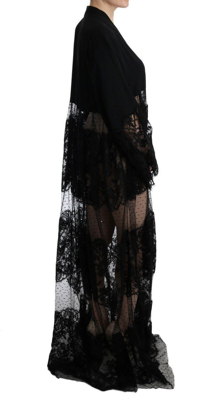 Black Silk Floral Lace Kaftan Dress