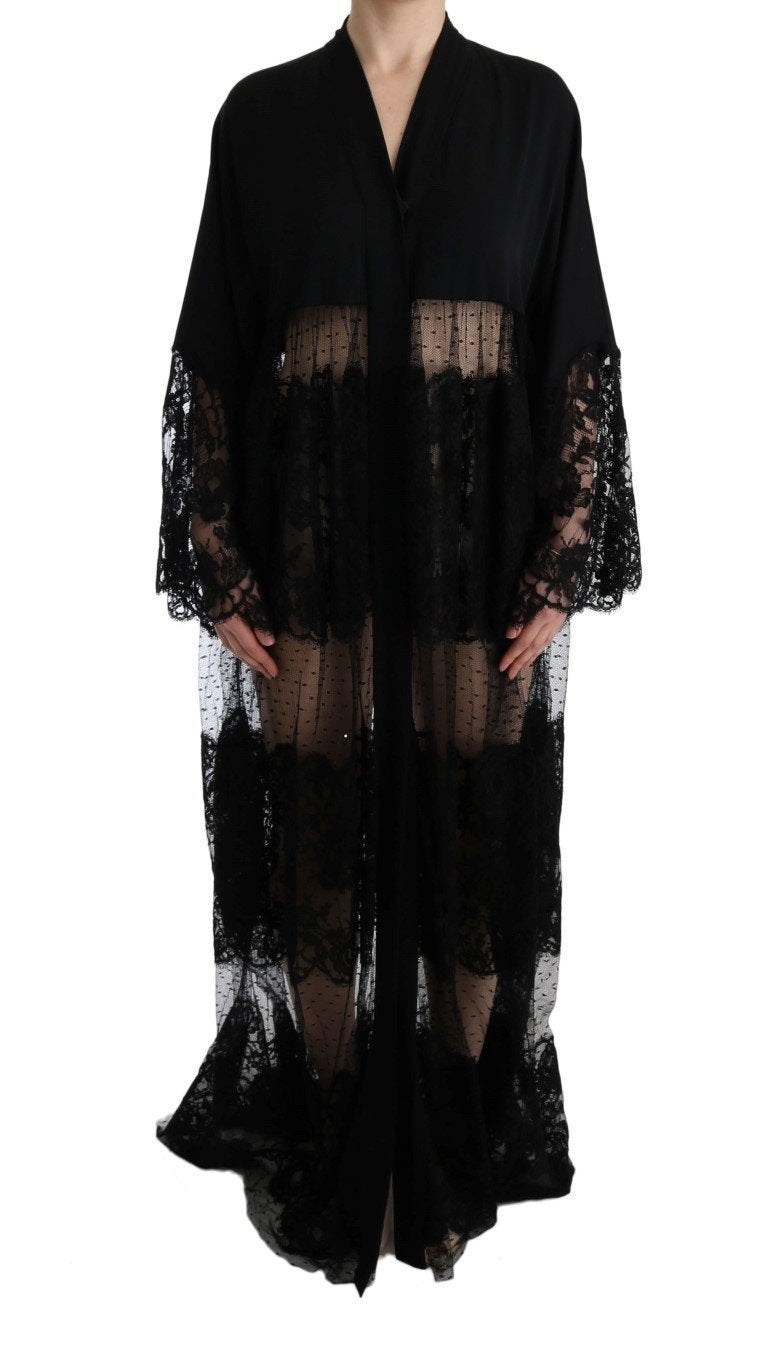 Black Silk Floral Lace Kaftan Dress