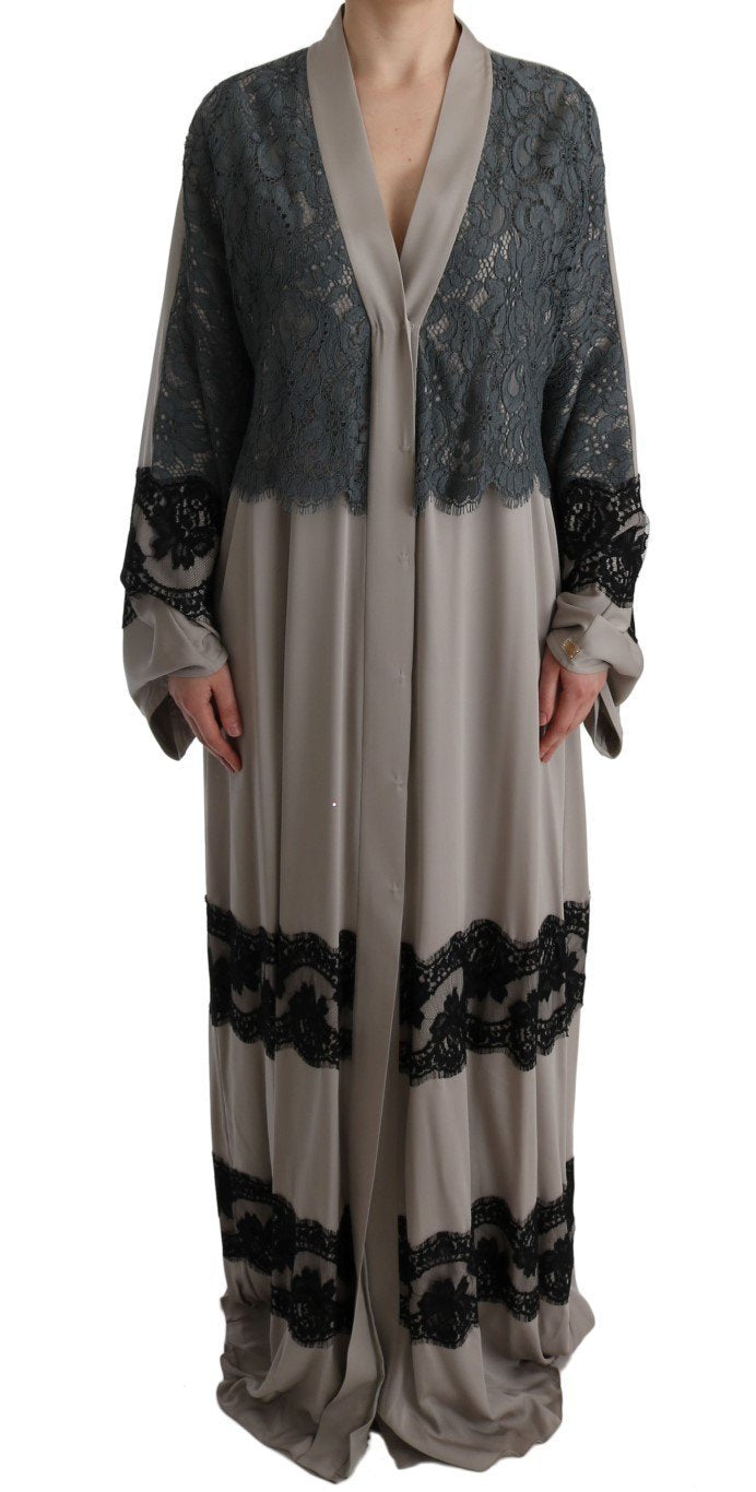 Gray Floral Applique Lace Kaftan Dress