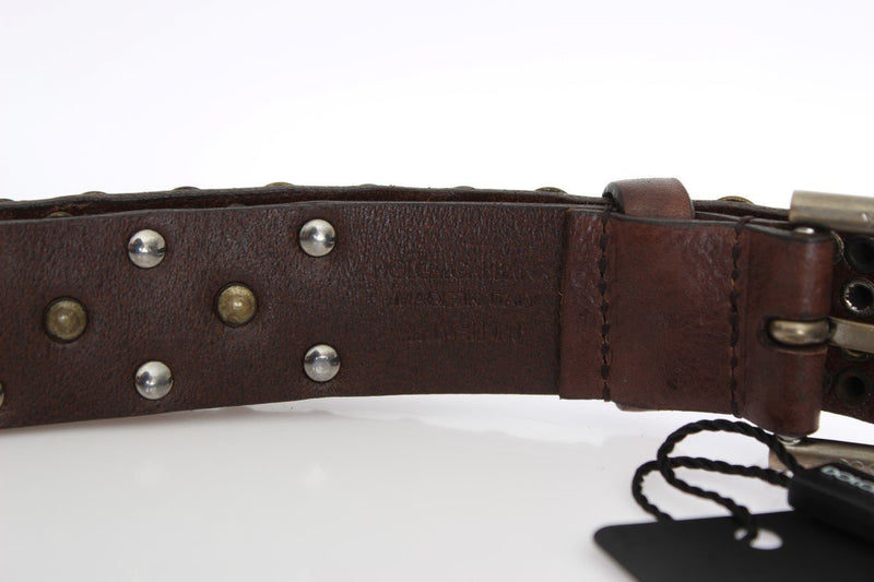 Brown Leather Gold Buckle Studded Belt