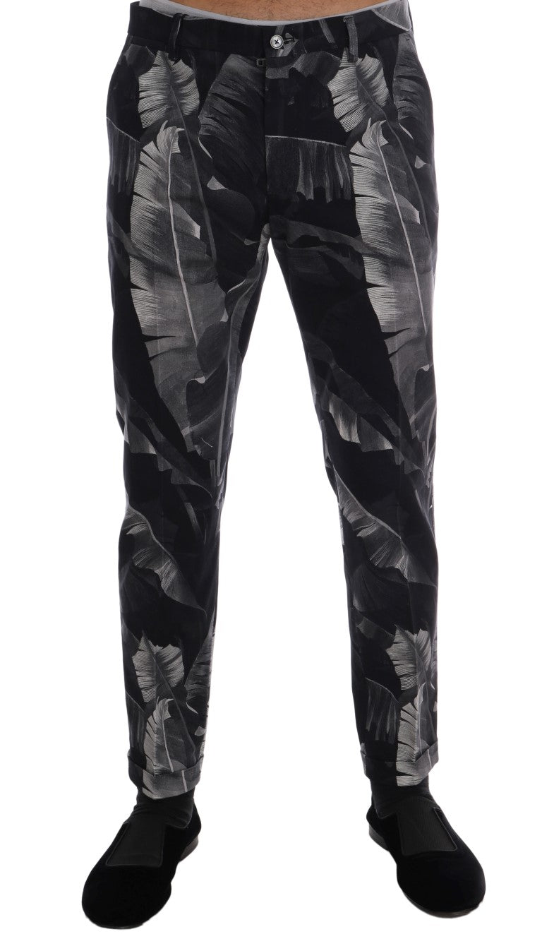 Black Banana Leaf Cotton Stretch Slim Pants