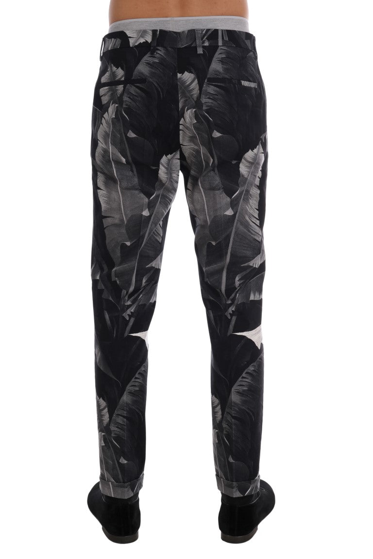 Black Banana Leaf Cotton Stretch Slim Pants