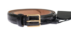 Black Cayman Leather Gold Buckle Belt