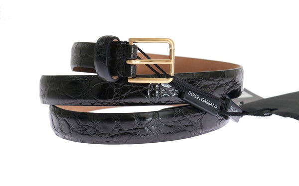 Black Cayman Leather Gold Buckle Belt