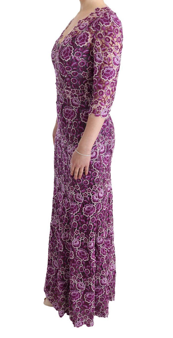 Purple Floral Ricamo Sheath Long Dress