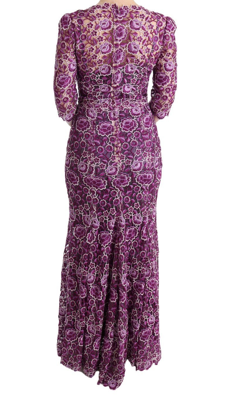 Purple Floral Ricamo Sheath Long Dress