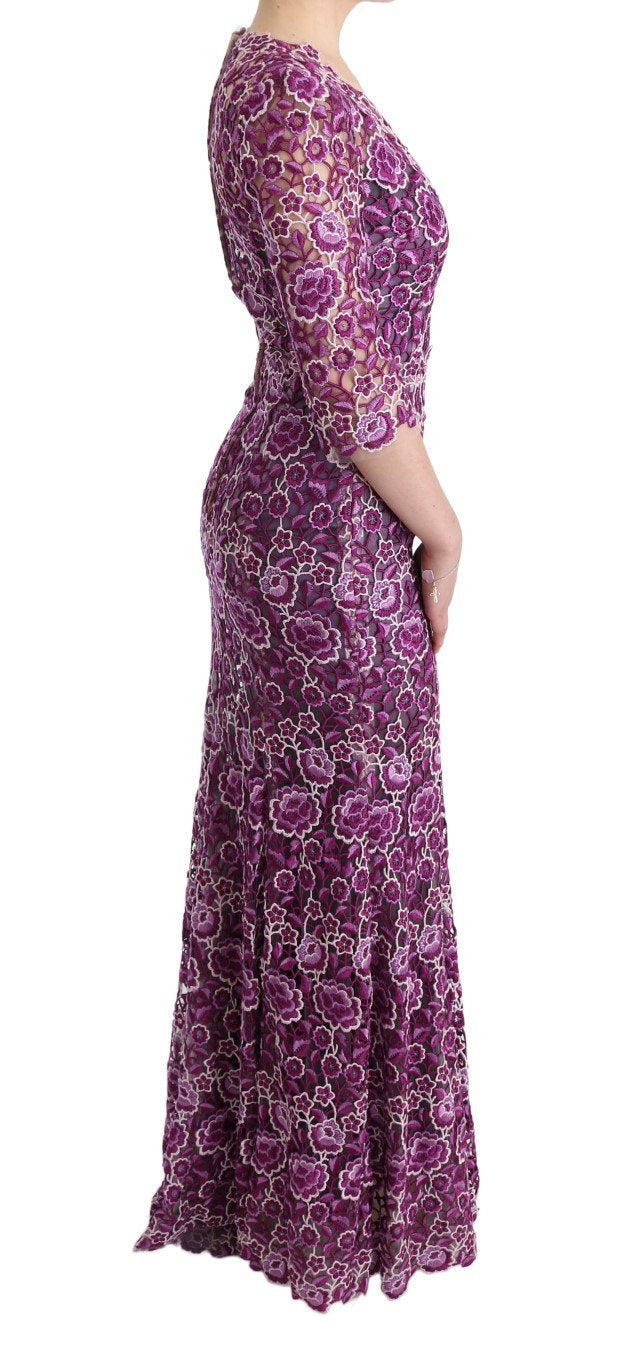 Purple Floral Ricamo Sheath Long Dress