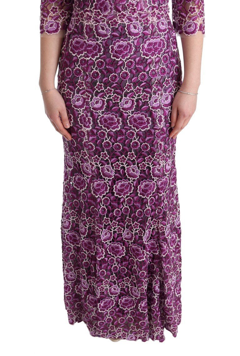 Purple Floral Ricamo Sheath Long Dress