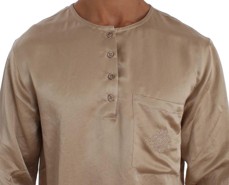 Beige Shiny Silk Casual Henley Shirt