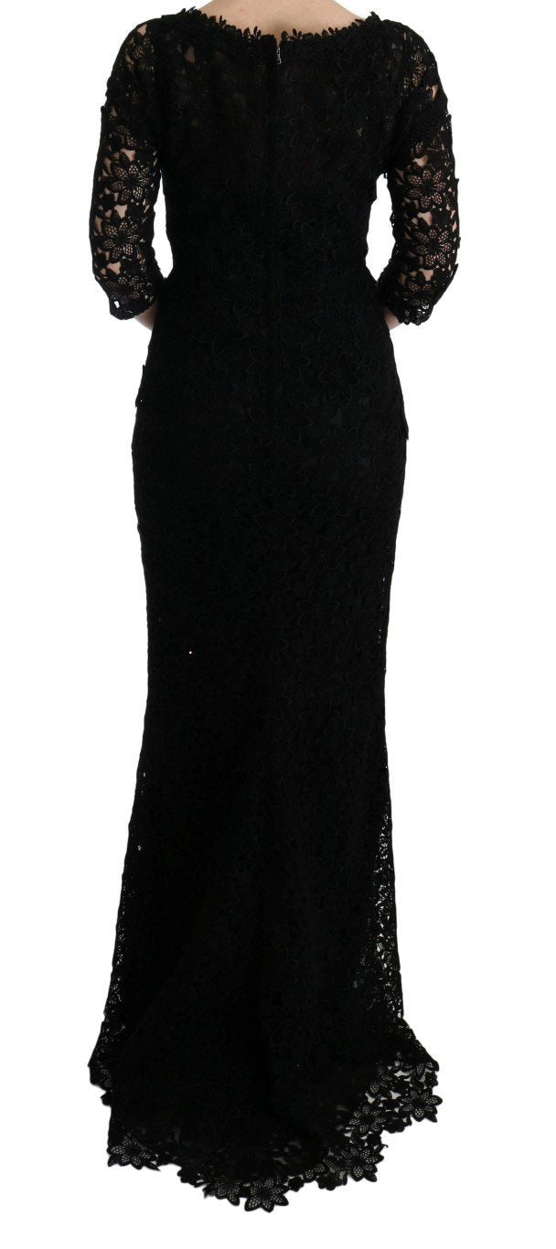 Black Floral Ricamo Sheath Long Dress