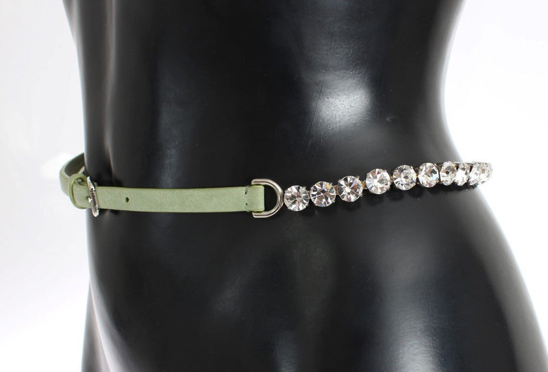 Green Leather Clear Crystal Waist Belt