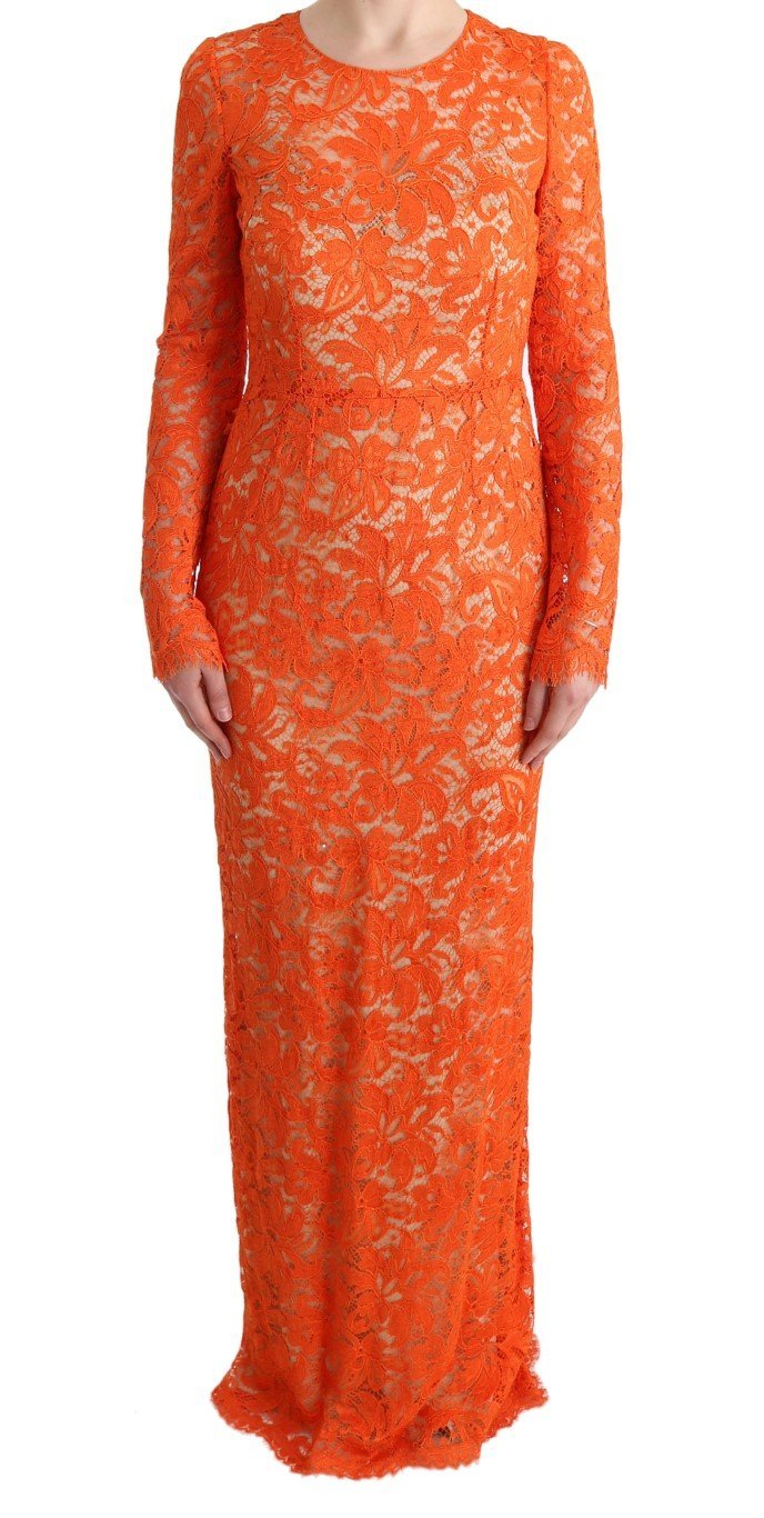 Orange Floral Ricamo Sheath Long Dress