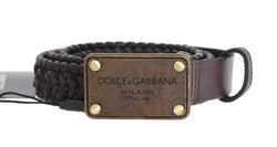 Brown Woven Leather Gold Buckle Belt