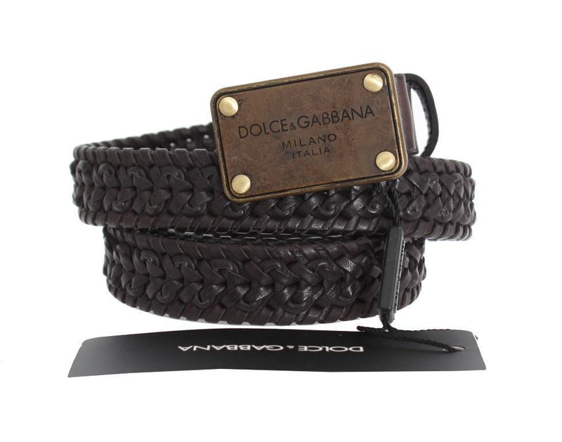 Brown Woven Leather Gold Buckle Belt