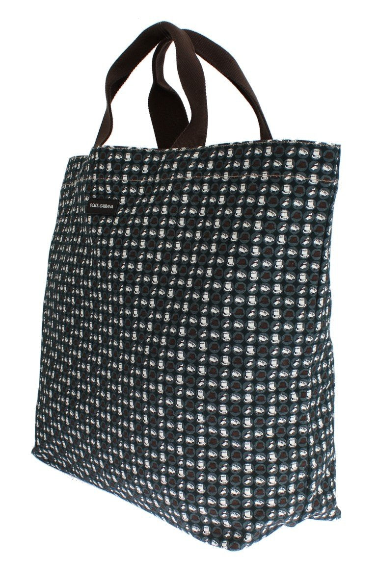 Blue Hat Print Cotton Denim Shopping Bag