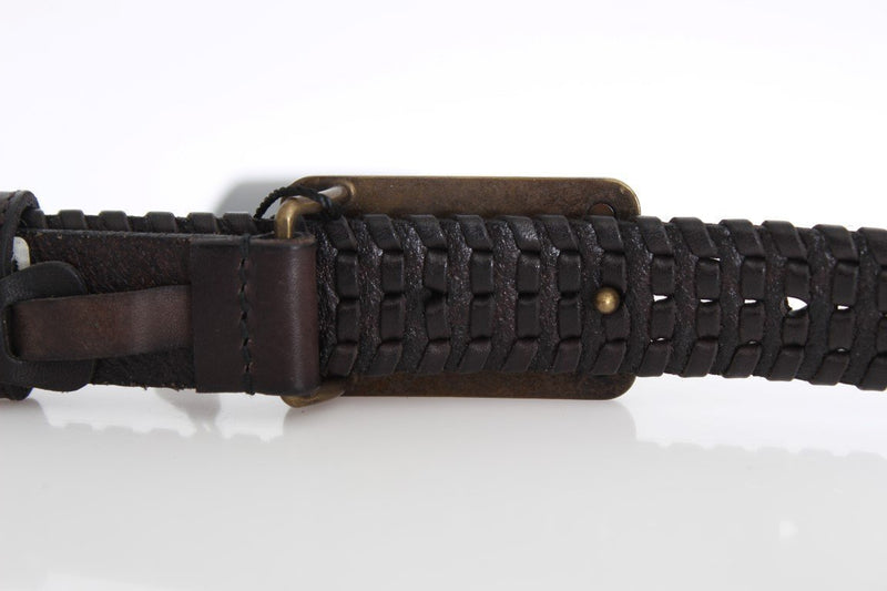 Brown Woven Leather Gold Buckle Belt