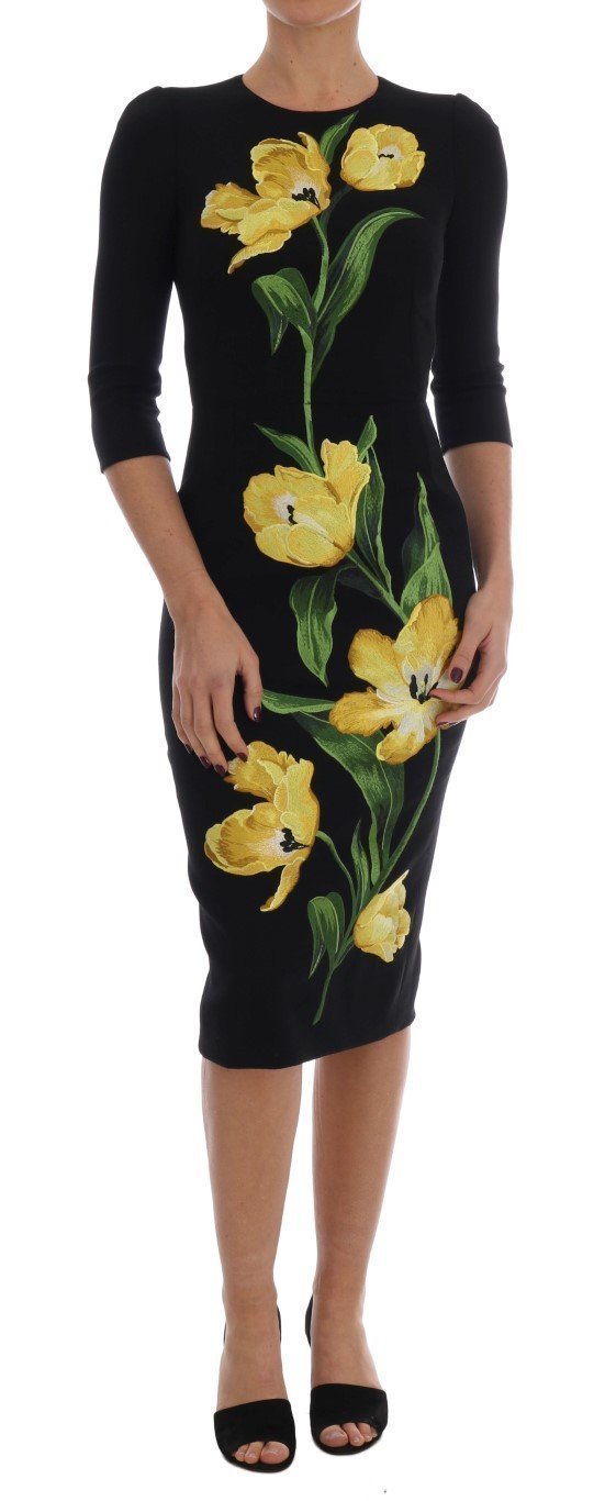 Black Yellow Tulip Wool Crêpe Sheath Dress