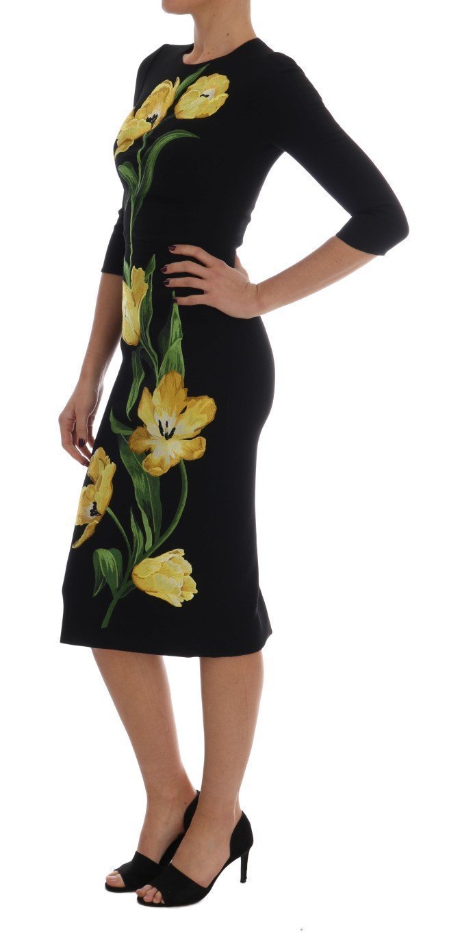 Black Yellow Tulip Wool Crêpe Sheath Dress