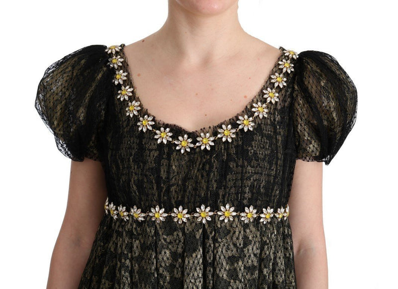 Black Yellow Crystal Lace Shift Dress