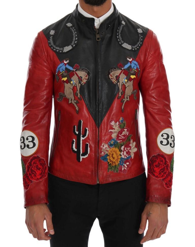 Black Red Leather Cowboy Embroidered Jacket