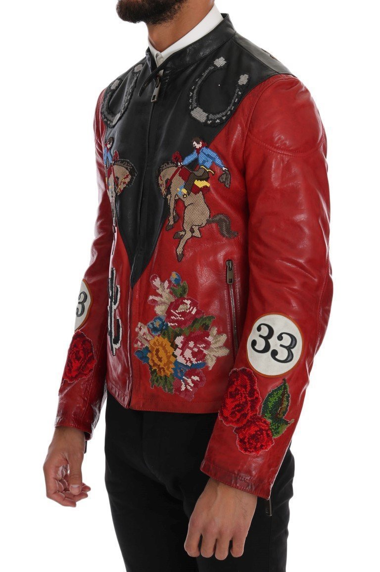 Black Red Leather Cowboy Embroidered Jacket