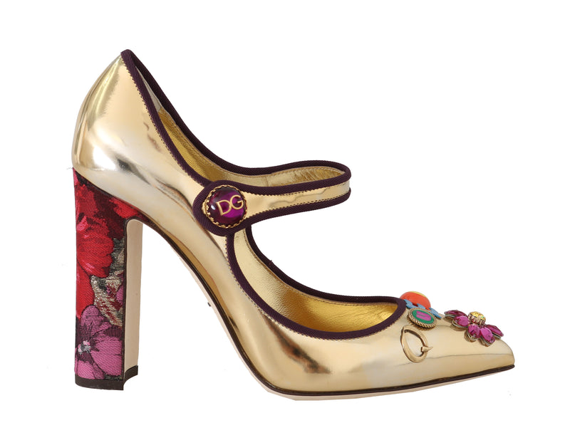Gold Leather Floral Queen Mary Jane Pumps