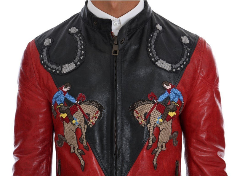 Black Red Leather Cowboy Embroidered Jacket