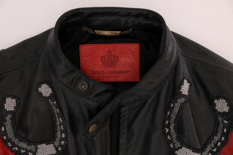 Black Red Leather Cowboy Embroidered Jacket