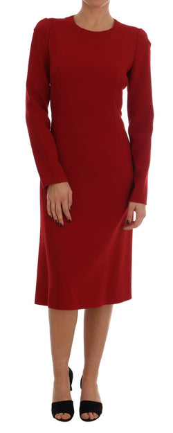 Red Crêpe Sheath Wool Knee-Length Dress