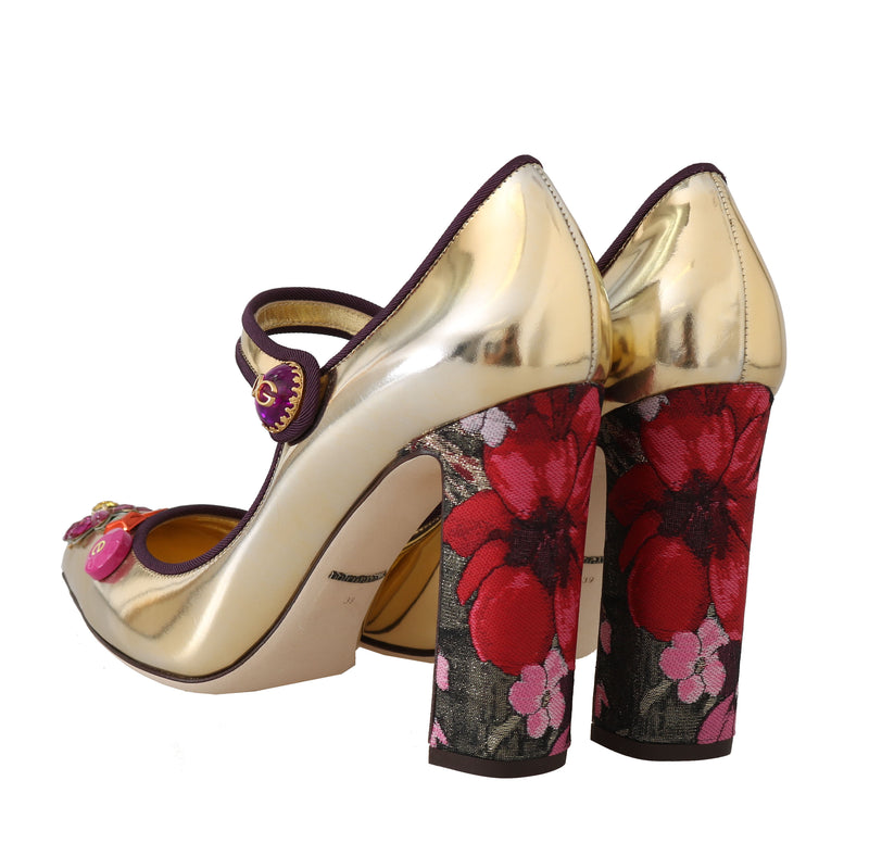 Gold Leather Floral Queen Mary Jane Pumps
