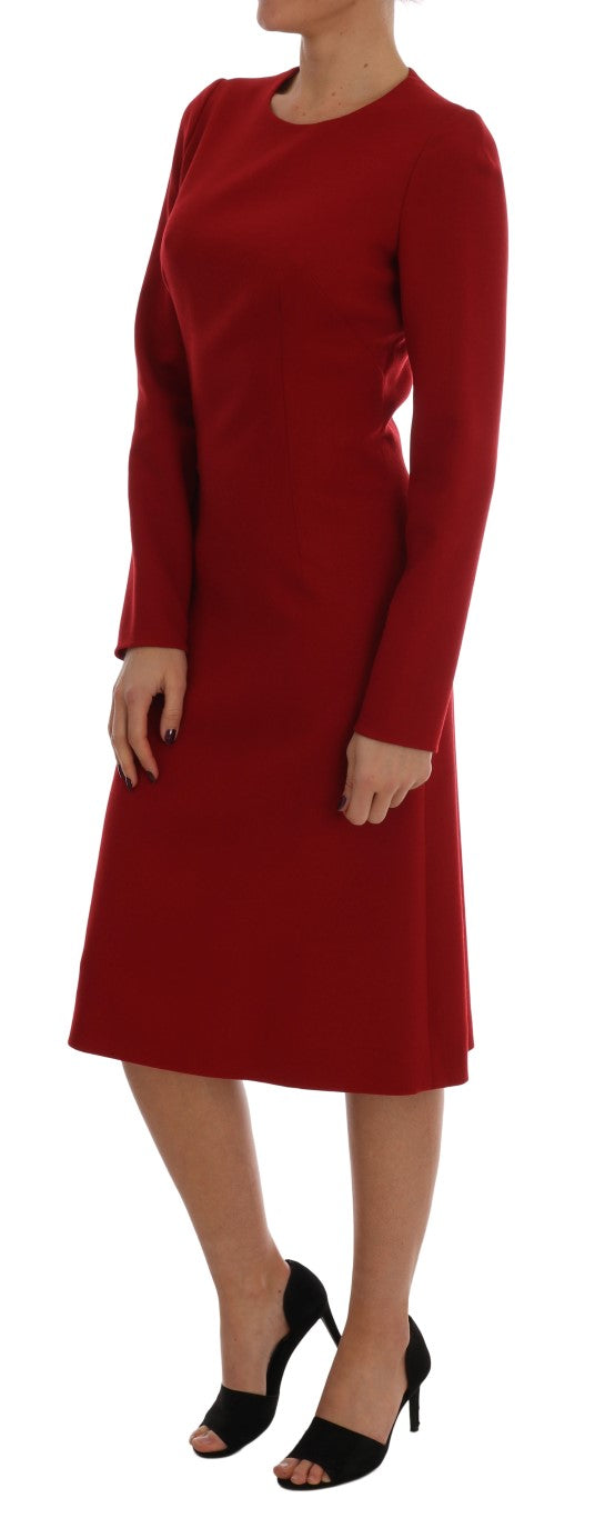 Red Crêpe Sheath Wool Knee-Length Dress