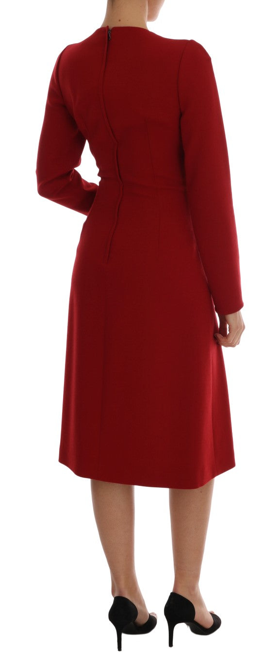 Red Crêpe Sheath Wool Knee-Length Dress