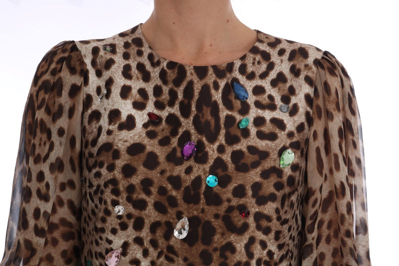 Brown Leopard Crystal Embellished Shift Dress