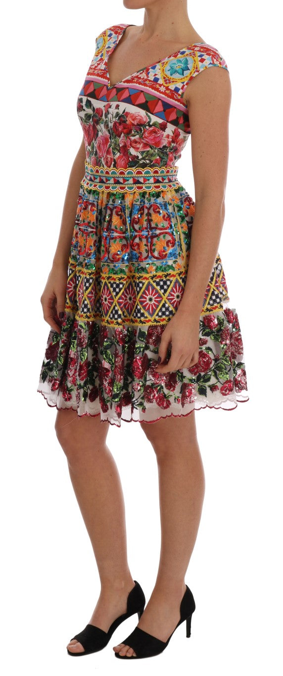 Multicolor Sicilian Printed Embrodered Floral Dress