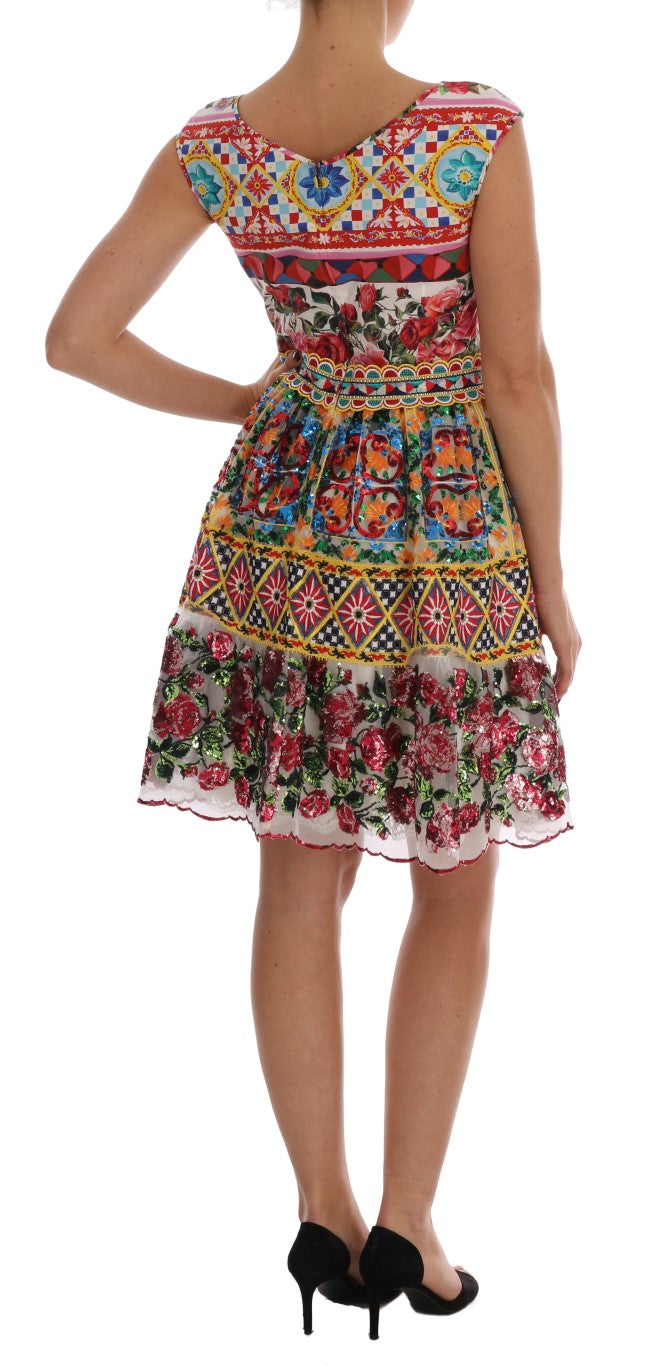 Multicolor Sicilian Printed Embrodered Floral Dress