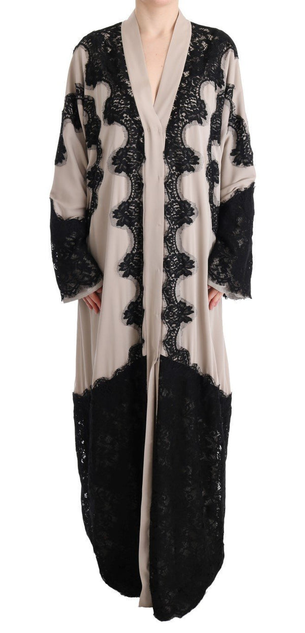 Beige Silk Floral Lace Kaftan Dress