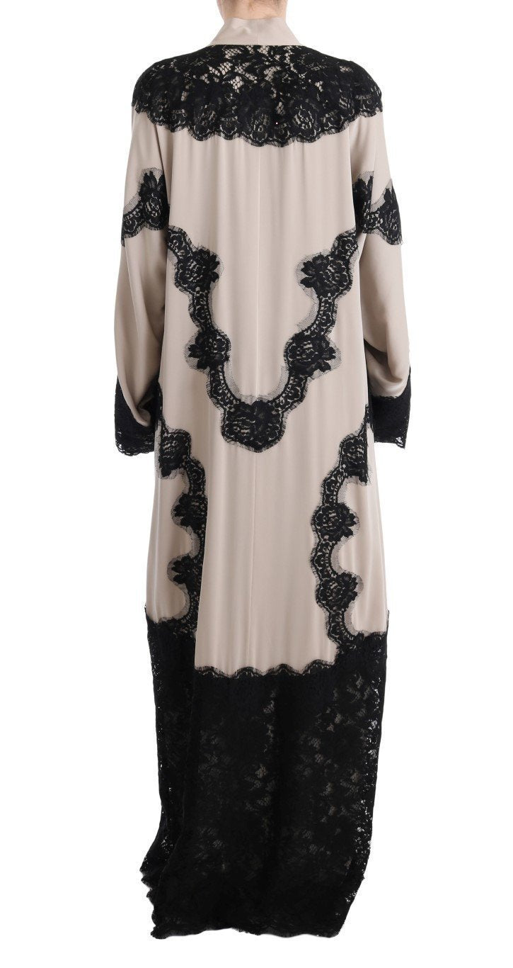 Beige Silk Floral Lace Kaftan Dress