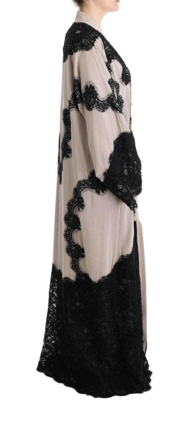Beige Silk Floral Lace Kaftan Dress