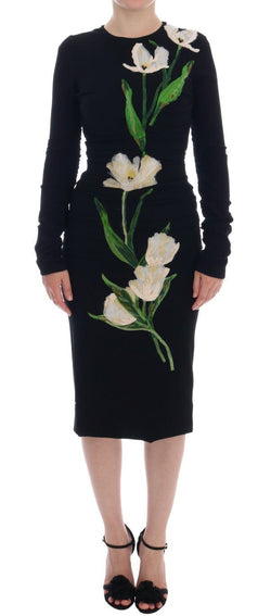 Black Tulip Print Wool Stretch Dress