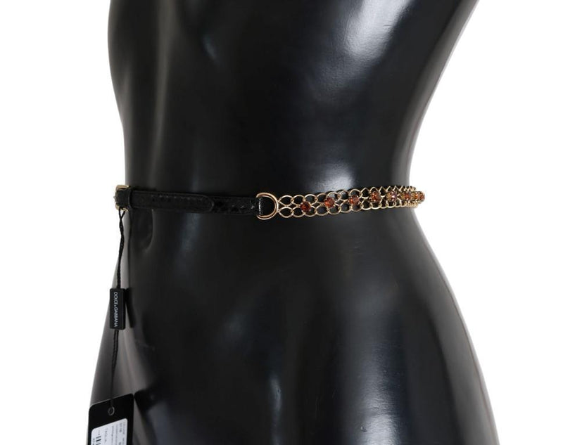 Black Leather Crystal Gold Chain Belt