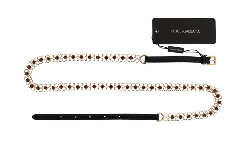 Black Leather Crystal Gold Chain Belt